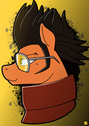 Size: 2480x3508 | Tagged: safe, artist:sefastpone, pony, abstract background, bust, clothes, crossover, digital art, gradient background, high res, jacket, male, no more heroes, ponified, solo, stallion, sunglasses, travis touchdown