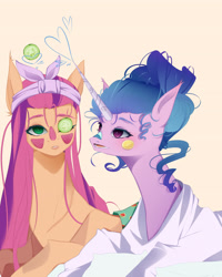 Size: 3200x4005 | Tagged: safe, alternate version, artist:clefficia, izzy moonbow, sunny starscout, earth pony, pony, unicorn, g5, blushing, clothes, commission, commissioner:zcord, duo, duo female, female, floating, food, fruit, glowing, glowing horn, hairstyle, heart, hearts and hooves day, horn, kiwi fruit, lesbian, long hair, pajamas, ship:moonscout, shipping, shirt, simple background