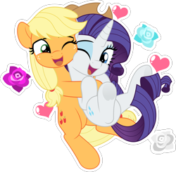 Size: 5092x5000 | Tagged: safe, artist:jhayarr23, applejack, rarity, earth pony, pony, unicorn, g4, accessory swap, applejack's hat, commission, commissioner:raritybro, cowboy hat, cute, female, flower, hat, heart, hug, hug from behind, jackabetes, lesbian, one eye closed, raribetes, ship:rarijack, shipping, simple background, smiling, transparent background, ych result