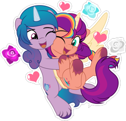 Size: 5193x5000 | Tagged: safe, artist:jhayarr23, izzy moonbow, sunny starscout, alicorn, earth pony, pony, unicorn, g5, artificial horn, artificial wings, augmented, commission, commissioner:raritybro, cute, female, flower, heart, hug, hug from behind, izzybetes, lesbian, mane stripe sunny, one eye closed, race swap, ship:moonscout, shipping, simple background, smiling, sunnybetes, sunnycorn, transparent background, wings, ych result