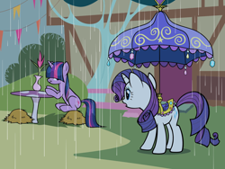 Size: 2048x1536 | Tagged: safe, budge studios, rarity, twilight sparkle, pony, unicorn, g4, my little pony color by magic, official, the ticket master, .svg available, black outlines, link in description, mushroom table, rain, saddle, svg, tack, twilight sparkle is not amused, umbrella, unamused, vector, wet, wet mane