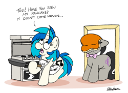 Size: 2337x1707 | Tagged: safe, artist:bobthedalek, dj pon-3, octavia melody, vinyl scratch, earth pony, pony, unicorn, g4, apron, bowtie, clothes, duo, female, food, frown, frying pan, hoof hold, horn, kiss the cook, mare, neck bow, oblivious, octavia is not amused, open mouth, oven, pancakes, signature, unamused, wub the cook