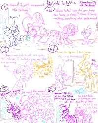 Size: 4779x6013 | Tagged: safe, artist:adorkabletwilightandfriends, moondancer, pinkie pie, spike, twilight sparkle, oc, oc:pinenut, alicorn, cat, dragon, earth pony, pony, unicorn, comic:adorkable twilight and friends, adorkable, adorkable twilight, bottle, broken, cleaning, clothes, clumsy, comic, crash, cute, dork, feather, female, friendship, funny, fur, glasses, house, humor, kindness, male, mare, meow, messy, mirror, question, shocked, shocked expression, slice of life, sneezing, snot, sorry, spill, spilled drink, spit, spray, surprised, sweater, twilight sparkle (alicorn), wiping