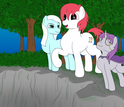 Size: 3476x3000 | Tagged: safe, artist:registereduser, oc, oc only, oc:arcane flux, oc:cer, oc:nordic flame, earth pony, pony, unicorn, cape, cliff, clothes, earth pony oc, high res, horn, monocle, tree, unicorn oc