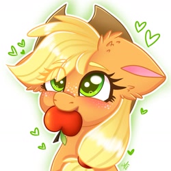 Size: 2189x2189 | Tagged: safe, artist:galaxy swirl, applejack, earth pony, pony, g4, adorable face, apple, big ears, cute, daaaaaaaaaaaw, eye clipping through hair, floppy ears, food, fruit, heart, heart eyes, high res, jackabetes, mouth hold, nom, simple background, solo, white background, wingding eyes