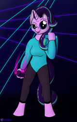 Size: 1401x2200 | Tagged: safe, artist:passionpanther, starlight glimmer, unicorn, anthro, series:plur is magic, g4, clothes, dancing, glowstick, leotard, rave, solo, sparkly