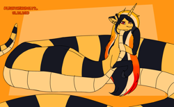 Size: 2825x1738 | Tagged: safe, artist:lightning bolty, oc, oc:lightning bolty, lamia, original species, snake, abstract background, floppy ears, horn, long mane, raised hoof, striped body, striped ears, thick