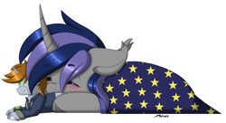 Size: 2048x1113 | Tagged: safe, artist:melodytheartpony, oc, oc only, oc:dreaming star, oc:littlepip, bat pony, bat pony unicorn, hybrid, pony, unicorn, fallout equestria, blanket, blushing, commission, cuddling, ears back, eyes closed, fallout, horn, lying down, male, plushie, pony plushie, prone, signature, simple background, sleeping, sleepy, solo, stars, white background