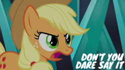 Size: 1920x1080 | Tagged: safe, edit, edited screencap, editor:quoterific, screencap, applejack, earth pony, pony, g4, my little pony: friendship is magic, the beginning of the end, angry, applejack's hat, cowboy hat, female, freckles, hat, mare, open mouth, solo