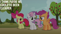 Size: 2000x1125 | Tagged: safe, edit, edited screencap, editor:quoterific, screencap, apple bloom, scootaloo, sweetie belle, earth pony, pegasus, pony, unicorn, g4, the fault in our cutie marks, apple, apple tree, bow, cutie mark crusaders, female, filly, foal, frown, hair bow, looking at each other, looking at someone, open mouth, spread wings, standing, tree, trio, trio female, wings