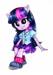 Size: 2351x3335 | Tagged: safe, artist:liaaqila, part of a set, twilight sparkle, human, equestria girls, g4, equestria girls minis, female, high res, pony ears, simple background, solo, starry eyes, toy interpretation, traditional art, white background, wingding eyes