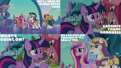 Size: 2000x1125 | Tagged: safe, edit, edited screencap, editor:quoterific, screencap, princess cadance, princess flurry heart, ruby armor, shining armor, sunburst, twilight sparkle, alicorn, pony, g4, the times they are a changeling, armor, crystal guard, crystal guard armor, royal guard, twilight sparkle (alicorn)