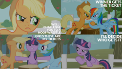 Size: 2000x1125 | Tagged: safe, edit, edited screencap, editor:quoterific, screencap, applejack, rainbow dash, twilight sparkle, earth pony, pegasus, pony, unicorn, g4, the ticket master, angry, animation error, apple, apple tree, applejack's hat, argument, arm wrestling, cowboy hat, female, fence, floppy ears, freckles, gritted teeth, hat, hoofwrestle, mare, open mouth, rivalry, teeth, tree, tree stump, trio, trio female, twilight sparkle is not amused, unamused, unicorn twilight