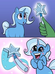 Size: 3072x4096 | Tagged: safe, artist:greenybeanz, trixie, oc, oc:anon, pony, unicorn, g4, big smile, blush sticker, blushing, cute, diatrixes, female, hand, high res, magic, mare, offscreen character, open mouth, open smile, smiling, solo focus, wand