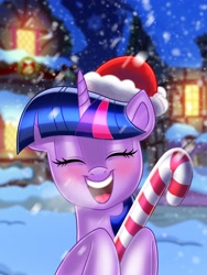Size: 3072x4096 | Tagged: safe, artist:greenybeanz, twilight sparkle, pony, unicorn, g4, breath, candy, candy cane, christmas, eyes closed, food, hat, holiday, open mouth, santa hat, snow, snowfall, solo