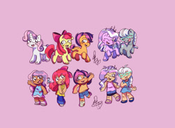 Size: 2048x1499 | Tagged: safe, artist:sumechiayuu, apple bloom, diamond tiara, scootaloo, silver spoon, sweetie belle, earth pony, human, pegasus, pony, unicorn, g4, cutie mark crusaders, female, filly, foal, humanized, pink background, self paradox, self ponidox, simple background