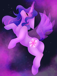 Size: 2048x2732 | Tagged: safe, artist:plushtrapez, twilight sparkle, alicorn, pony, unicorn, g4, alicorn transformation, anniversary, anniversary art, ascension, butt, ethereal wings, eyes closed, floppy ears, high res, plot, solo, transformation, twilight sparkle (alicorn), unicorn twilight, wings