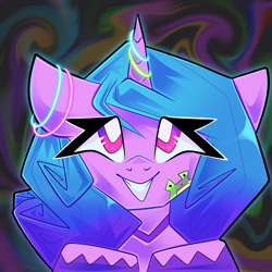 Size: 2048x2048 | Tagged: safe, artist:plushtrapez, izzy moonbow, frog, pony, unicorn, g5, bust, glow rings, high res, solo, white pupils