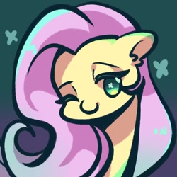 Size: 1080x1080 | Tagged: safe, artist:tkotu1, fluttershy, pegasus, pony, g4, bust, female, gradient background, looking at you, mare, no pupils, one eye closed, smiling, smiling at you, solo, wingding eyes, wink