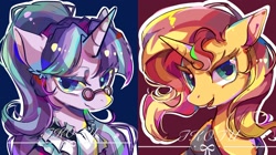 Size: 2048x1150 | Tagged: safe, artist:tkotu434, snowfall frost, starlight glimmer, sunset shimmer, pony, unicorn, g4, bust, duo, female, glasses, lidded eyes, looking at you, mare, signature, smiling, smiling at you