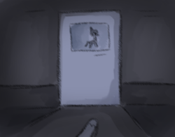 Size: 817x642 | Tagged: safe, anonymous artist, sunny starscout, earth pony, pony, series:anorexic sunny, g5, anorexia, bathroom door, blurry, door, female, indoors, mare, monochrome, offscreen character, pov, running, sketch, solo