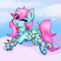 Size: 2048x2048 | Tagged: safe, artist:plushtrapez, minty, pony, g3, christmas, christmas lights, eye clipping through hair, high res, holiday, one eye closed, open mouth, open smile, smiling, solo, wink