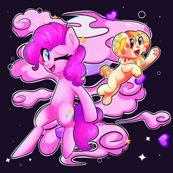 Size: 2048x2048 | Tagged: safe, artist:plushtrapez, pinkie pie, earth pony, fidough, pony, g4, crossover, duo, high res, one eye closed, open mouth, pokémon