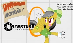 Size: 512x307 | Tagged: safe, artist:legend of random, artist:lily-tritoon, daring do, pony, g4, aperture science, female, mare, portal (valve), text, the cake is a lie, video game