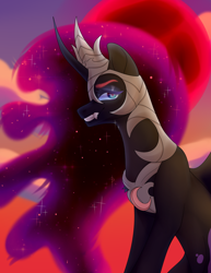 Size: 1280x1657 | Tagged: safe, artist:vexcity, nightmare moon, alicorn, pony, g4, alternate design, armor, fangs, profile, solo