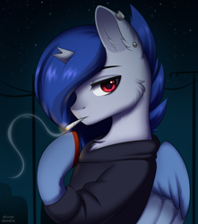 Size: 1600x1814 | Tagged: safe, artist:alunedoodle, oc, oc only, oc:lennox, alicorn, pony, blue hair, bust, cigarette, clothes, commission, ear piercing, hoodie, male, night, piercing, portrait, smoke, smoking, solo, stallion, ych result