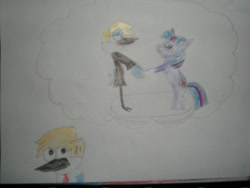 Size: 900x675 | Tagged: safe, artist:swordsparks, twilight sparkle, bird, blue jay, pony, unicorn, g4, blondecai, colored pencil drawing, crossover, crossover shipping, female, holding hooves, imagination, male, mordecai, mordetwi, pencil drawing, photo, rearing, regular show, rough sketch, shipping, straight, thought bubble, traditional art