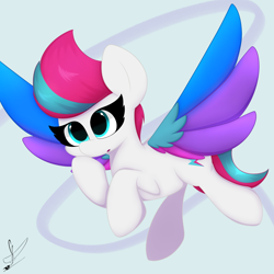 Size: 3000x3000 | Tagged: safe, artist:daftramms, zipp storm, pegasus, pony, g5, adorazipp, colored wings, cute, fanart, female, flying, high res, mare, multicolored wings, open mouth, signature, simple background, solo, spread wings, wings