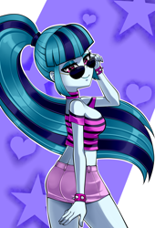 Size: 1500x2200 | Tagged: safe, artist:nekojackun, sonata dusk, human, equestria girls, g4, ass, bare shoulders, bedroom eyes, breasts, busty sonata dusk, butt, choker, clothes, eyebrows, eyeshadow, female, heart, looking at you, looking back, looking back at you, makeup, midriff, miniskirt, outline, pose, rear view, seductive, seductive pose, shirt, short shirt, shorts, side view, sideboob, skirt, smiling, smiling at you, solo, sonata donk, spiked wristband, stars, strapless, sunglasses, tube top, white outline, wristband