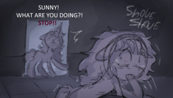 Size: 1007x570 | Tagged: safe, anonymous artist, izzy moonbow, sunny starscout, earth pony, pony, unicorn, series:anorexic sunny, g5, anorexia, anorexic, bathroom, bloodshot eyes, caught, crying, duo, emaciated, female, mare, purging, skinny, starvation, thin, vomit, vomiting