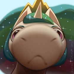 Size: 1500x1500 | Tagged: safe, artist:rrd-artist, princess celestia, alicorn, pony, :<, :c, bust, close-up, crown, cute, cutelestia, ethereal mane, extreme close-up, female, fisheye lens, frown, give me my dishes, hoers, horn, jewelry, looking at you, majestic as fuck, mare, muzzle, regalia, sillestia, silly, snoot, solo, staring into your soul, wat