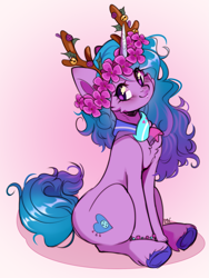 Size: 1653x2203 | Tagged: safe, artist:pledus, izzy moonbow, pony, unicorn, g5, my little pony: make your mark, my little pony: make your mark chapter 3, winter wishday, spoiler:g5, spoiler:winter wishday, antlers, cute, female, floral head wreath, flower, gradient hair, gradient tail, horn, izzybetes, looking at you, mare, reindeer antlers, signature, sitting, smiling, smiling at you, solo, tail, unshorn fetlocks