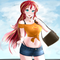 Size: 3709x3709 | Tagged: safe, artist:toffrox, sunset shimmer, human, g4, bag, belly button, bra, bra strap, breasts, clothes, cloud, cutie mark on clothes, denim, denim shorts, female, front knot midriff, geode of empathy, hand, high res, humanized, jeans, light skin, looking at you, magical geodes, midriff, open mouth, open smile, panties, pants, shorts, smiling, solo, thong, underwear