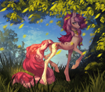 Size: 4422x3862 | Tagged: safe, artist:meggychocolatka, roseluck, pony, g4, butt, collar, colored, commission, commissioner:doom9454, concave belly, cute, grass, leaves, long tail, pet tag, plot, pony pet, rosepet, scenery, shading, skinny, solo, tail, thin, tree