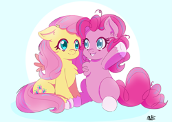 Size: 4093x2894 | Tagged: safe, artist:multi02, fluttershy, pinkie pie, earth pony, pegasus, pony, g4, blue background, chest fluff, colored pupils, cute, diapinkes, duo, duo female, female, high res, looking at each other, looking at someone, mare, shyabetes, simple background, sitting, smiling, smiling at each other