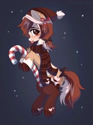 Size: 1509x2023 | Tagged: safe, artist:belkaart0w0, oc, oc only, earth pony, pony, :p, blushing, bow, candy, candy cane, clothes, female, food, hat, heart, mare, scarf, socks, solo, striped scarf, tail, tail bow, thigh highs, tongue out