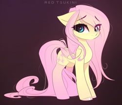 Size: 2977x2563 | Tagged: safe, artist:red_tsukini, fluttershy, pegasus, pony, g4, clothes, cute, eye clipping through hair, female, folded wings, gradient background, high res, long tail, looking at you, mare, shyabetes, signature, smiling, socks, solo, tail, wings