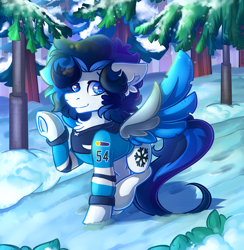 Size: 2219x2274 | Tagged: safe, artist:yuris, oc, oc only, pegasus, pony, bush, clothes, colored pupils, ears back, fluffy mane, forest, frog (hoof), high res, hockey, jacket, looking at you, male, park, pine tree, pole, smiling, snow, solo, sports, spread wings, trade, tree, underhoof, waving, waving at you, wings, winter