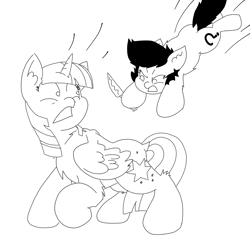 Size: 3508x3508 | Tagged: safe, alternate version, artist:ponny, twilight sparkle, oc, oc:filly anon, alicorn, earth pony, pony, g4, angry, duo, female, filly, foal, frown, high res, knife, leaping, mare, monochrome, pounce, shocked, simple background, twilight sparkle (alicorn), white background