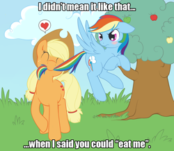 Size: 868x755 | Tagged: safe, artist:tenchi-outsuno, edit, applejack, rainbow dash, earth pony, pegasus, pony, g4, apple, apple tree, applejack's hat, biting, blushing, caption, cowboy hat, duo, duo female, embarrassed, female, hat, image macro, impact font, implied cunnilingus, implied oral, implied sex, implied vore, lesbian, mare, ship:appledash, shipping, speech bubble, tail, tail bite, tail pull, text, tree