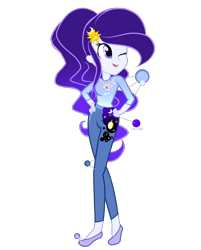 Size: 2240x2792 | Tagged: safe, artist:harmonyvitality-yt, oc, oc only, human, equestria girls, g4, base used, clothes, cutie mark on clothes, female, flower, flower in hair, hand on hip, high res, one eye closed, pants, simple background, smiling, solo, transparent background, wink