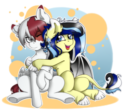 Size: 1100x980 | Tagged: safe, artist:toxiccolour, oc, oc only, bat pony, pegasus, pony, bat pony oc, ear fluff, female, hug, leonine tail, male, mare, one eye closed, pegasus oc, simple background, smiling, stallion, tail, transparent background, unshorn fetlocks, wink