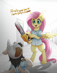 Size: 1020x1300 | Tagged: safe, artist:toxiccolour, fluttershy, oc, pegasus, pony, g4, bipedal, blood, chainsaw, clothes, duo, eyelashes, female, hat, hoof hold, indoors, mare, pegasus oc, scared, smiling, spread wings, talking, wings