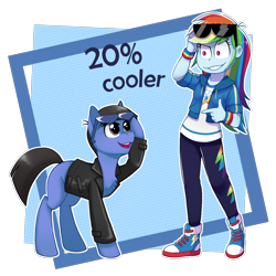 Size: 1120x1120 | Tagged: safe, artist:toxiccolour, rainbow dash, oc, earth pony, human, pony, equestria girls, g4, 20% cooler, abstract background, clothes, converse, duo, female, jacket, leather, leather jacket, male, pants, raised hoof, shoes, simple background, stallion, sunglasses, transparent background
