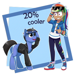 Size: 1120x1120 | Tagged: safe, alternate version, artist:toxiccolour, rainbow dash, oc, earth pony, human, pony, equestria girls, g4, 20% cooler, abstract background, clothes, converse, duo, female, human coloration, jacket, leather, leather jacket, male, pants, raised hoof, shoes, simple background, stallion, sunglasses, transparent background