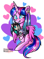 Size: 1436x1927 | Tagged: safe, artist:loverashley, oc, oc only, oc:amity, alicorn, pony, abstract background, alicorn oc, ear piercing, female, grin, horn, hug, mare, piercing, plushie, smiling, wings